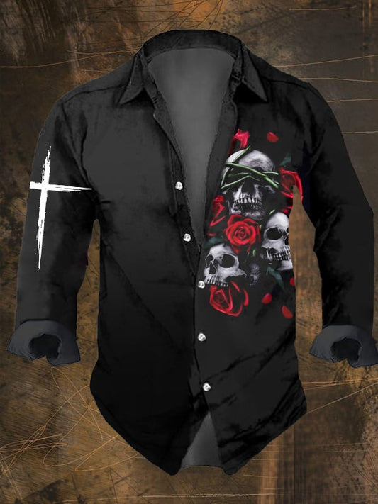 Men's Vintage Dark Skull Print Long Sleeve Shirt