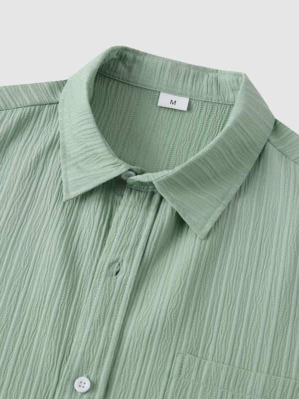 Men's solid color striped textured casual button-down Short Sleeve Shirt