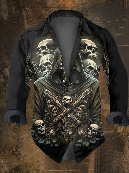 Men's Vintage Dark Skull Print Long Sleeve Shirt