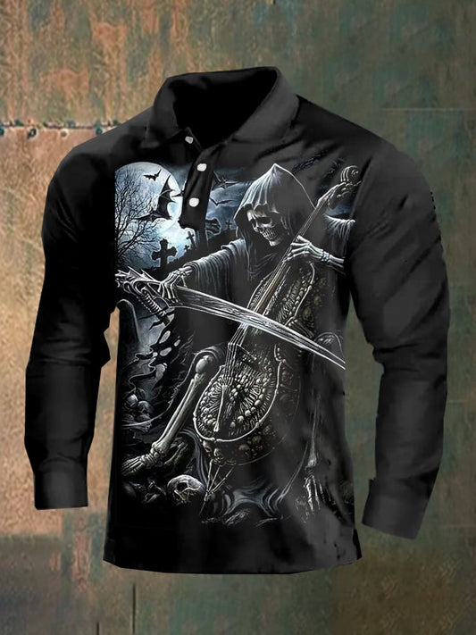 Dark style skull long sleeve polo shirt