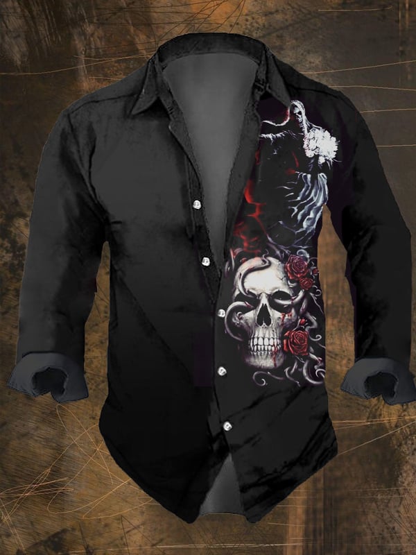 Men's Vintage Dark Skull Print Long Sleeve Shirt