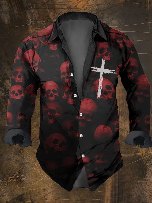 Men's Vintage Dark Skull Print Long Sleeve Shirt