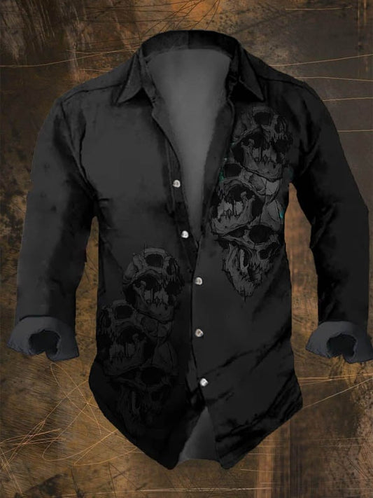 Dark Retro Skull Print Long Sleeve Shirt