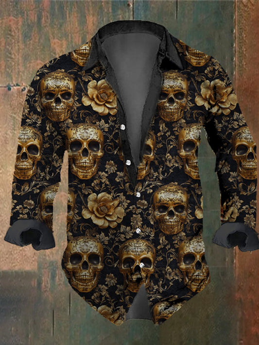 Men's Vintage Gorgeous Skull Floral Print Long Sleeve Shirt