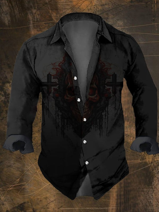 Men's Vintage Dark Skull Print Long Sleeve Shirt