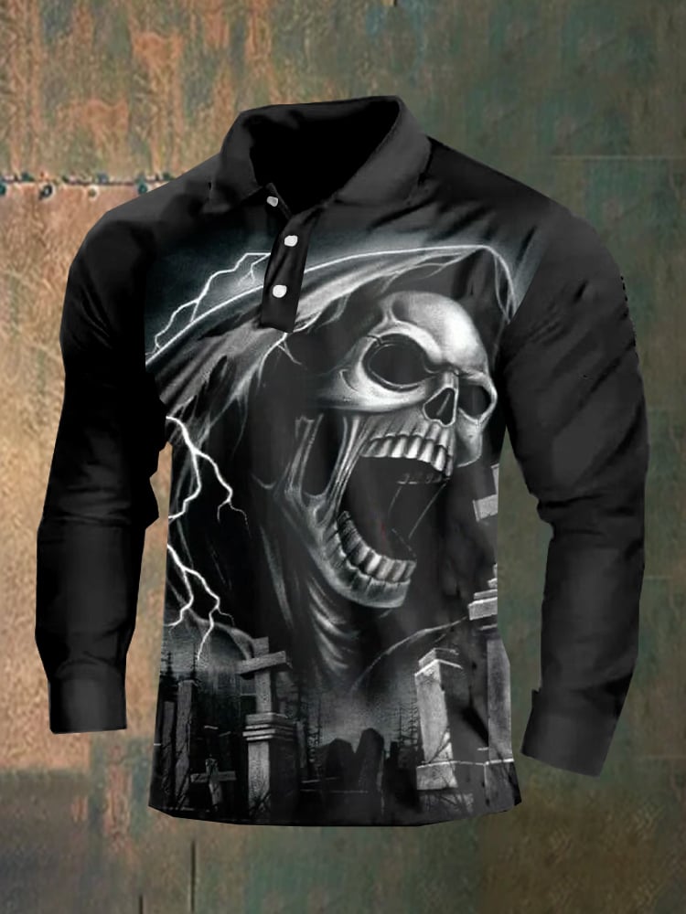 Dark style skull long sleeve polo shirt