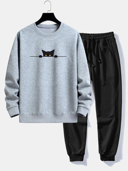 Black Cat Print Relax Fit Sweatshirt & Jogging Pants