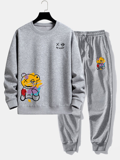 Graffiti Bear Print Relax Fit Crew Neck Sweatshirt & Jogging Pants