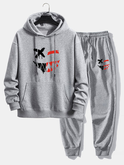 Dissolving Evil Smiley Face Print Relax Fit Hoodie & Jogging Pants