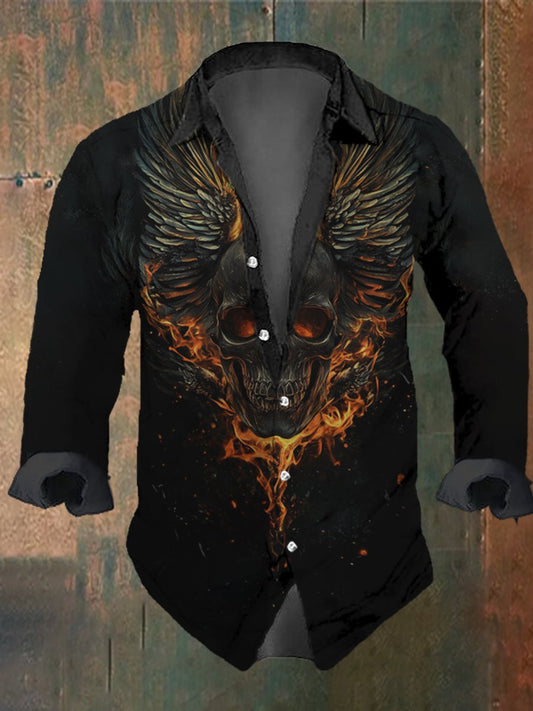 Men's Vintage Flame Wings Skull Print Long Sleeve Shirt