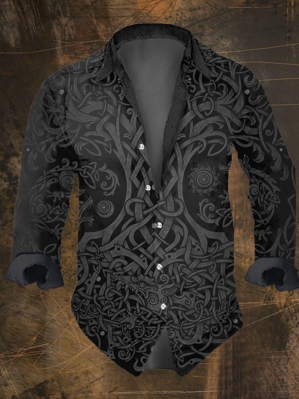 Men's Vintage Viking Print Lapel Shirt