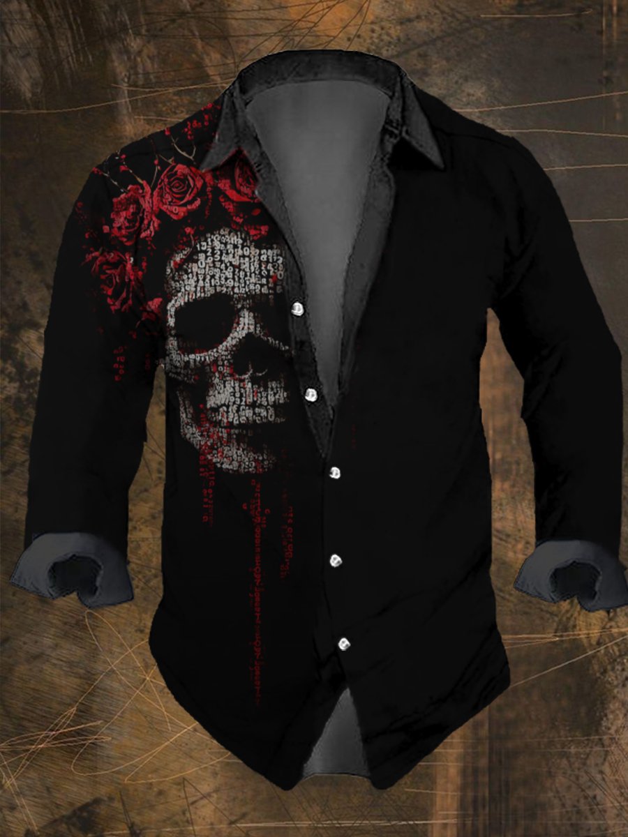 Men's Vintage Skull Rose Print Long Sleeve Shirt