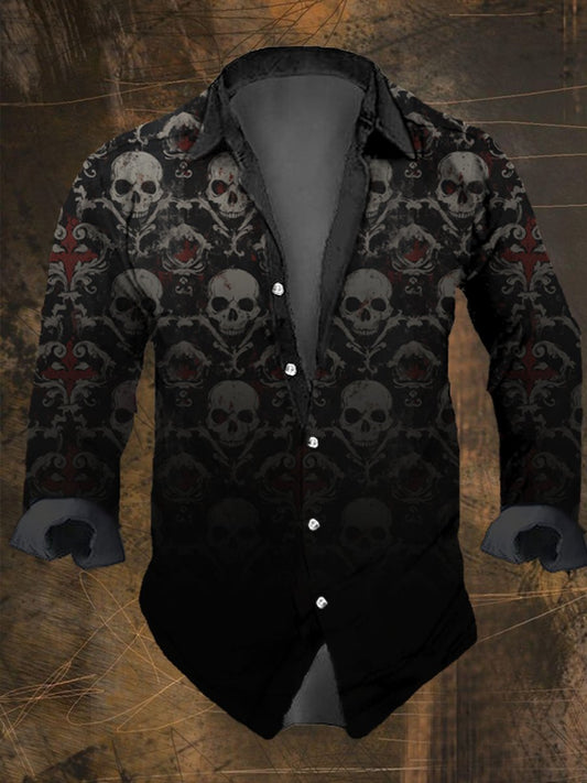 Men's Vintage Gradient Skull Print Long Sleeve Shirt