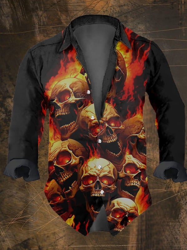 Men's Vintage Dark Skull Print Long Sleeve Shirt