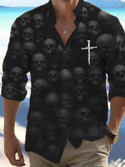 Men's Vintage Dark Skull Print Long Sleeve Shirt