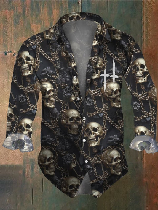 Men's Vintage Dark Skull Print Long Sleeve Shirt