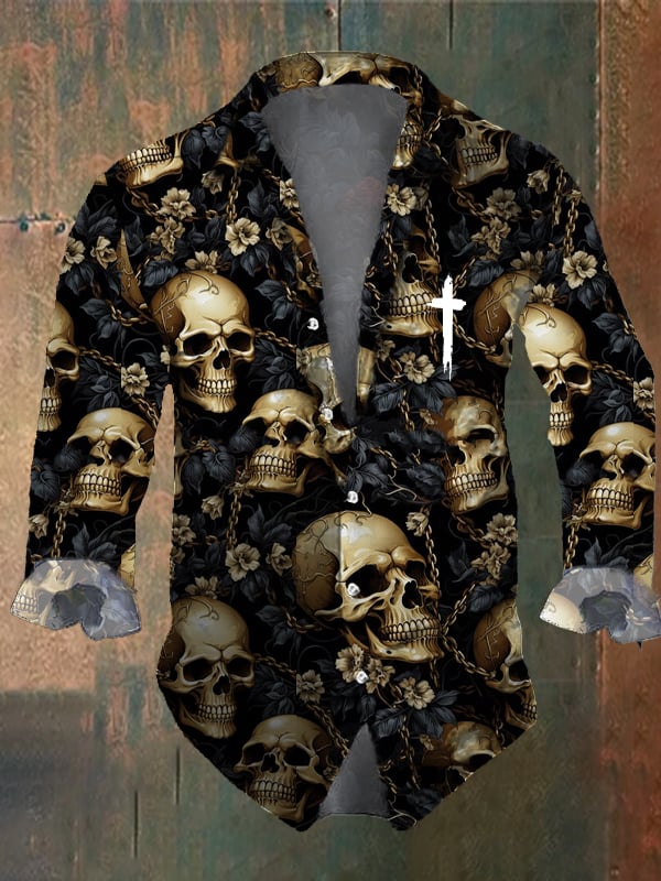 Men's Vintage Dark Skull Print Long Sleeve Shirt