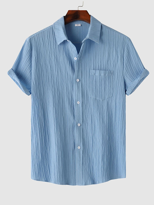 Men's solid color striped textured casual button-down Short Sleeve Shirt