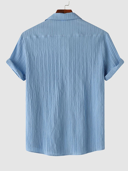 Men's solid color striped textured casual button-down Short Sleeve Shirt