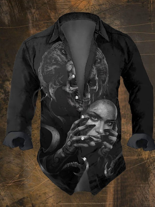 Men's Vintage Dark Skull Print Long Sleeve Shirt