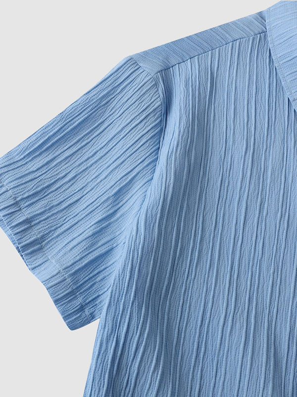 Men's solid color striped textured casual button-down Short Sleeve Shirt