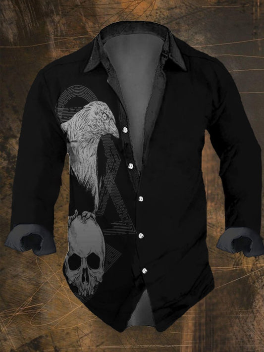 Men's Vintage Crow Skull Print Long Sleeve Shirt