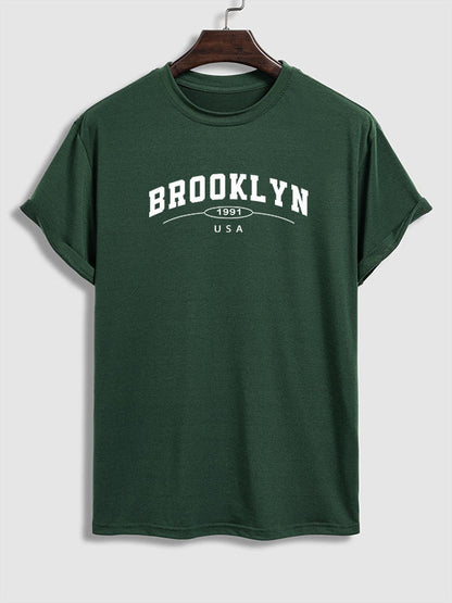 Men's "BROOKLYN" letter print casual crew neck short sleeve T-shirt