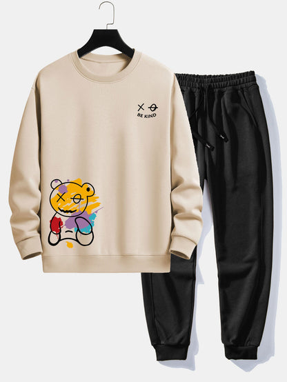 Graffiti Bear Print Relax Fit Sweatshirt & Jogging Pants