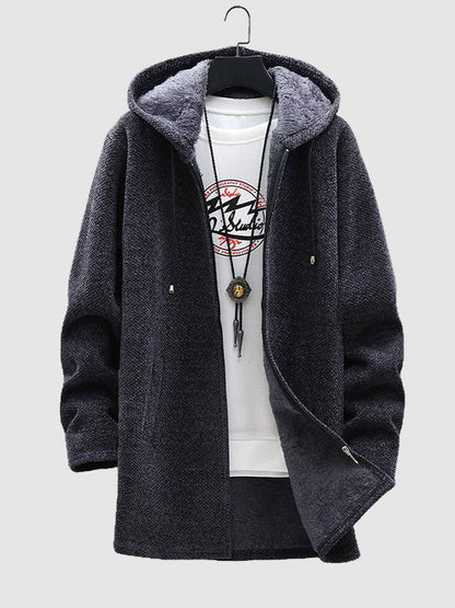 Men's Fleece-lined thickened knitted zipper Long  hooded jacket