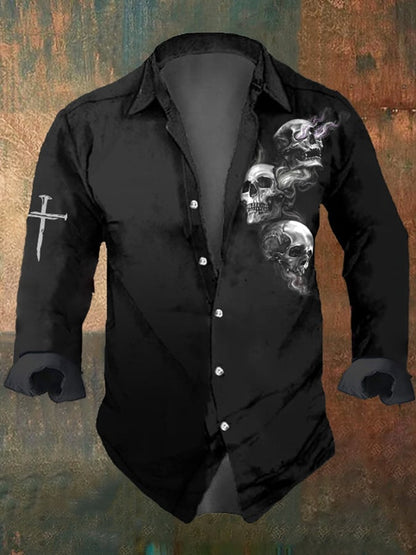 Men's Dark Skull Print Long Sleeve Shirt