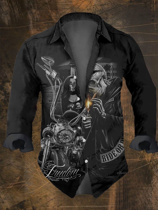 Men's Vintage Dark Skull Print Long Sleeve Shirt