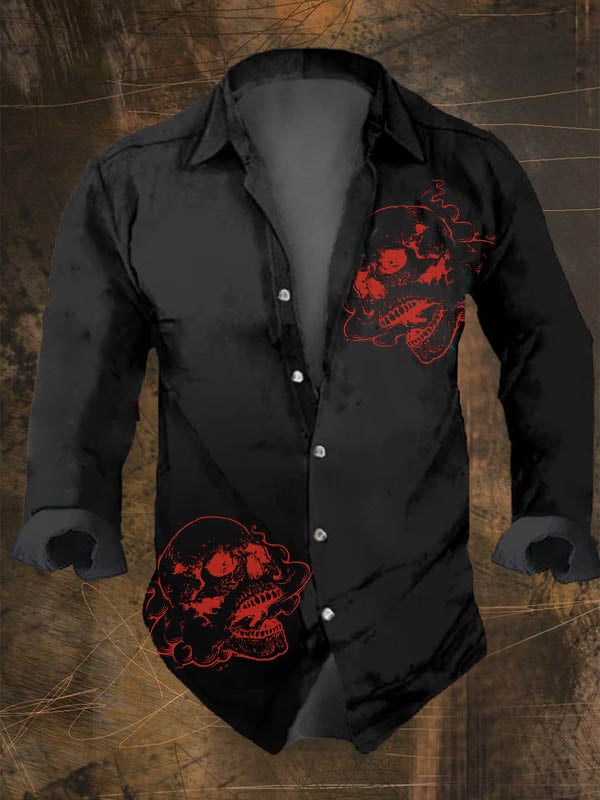 Dark Retro Skull Print Long Sleeve Shirt