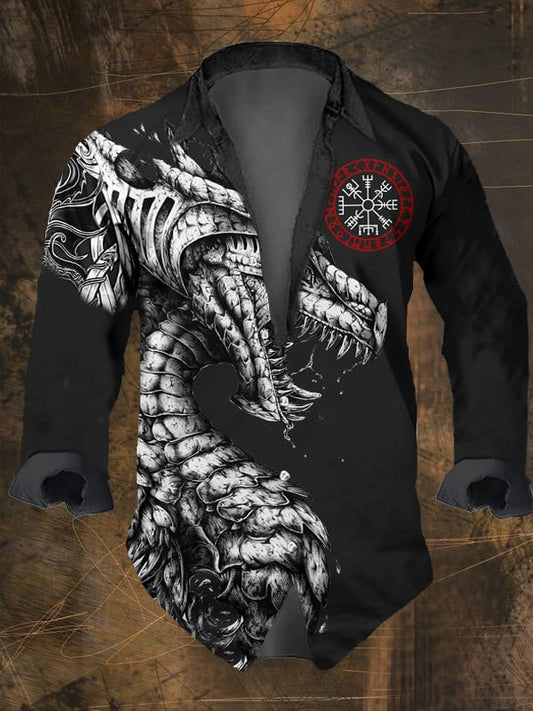 Men's Vintage Viking Print Lapel Long Sleeve Shirt