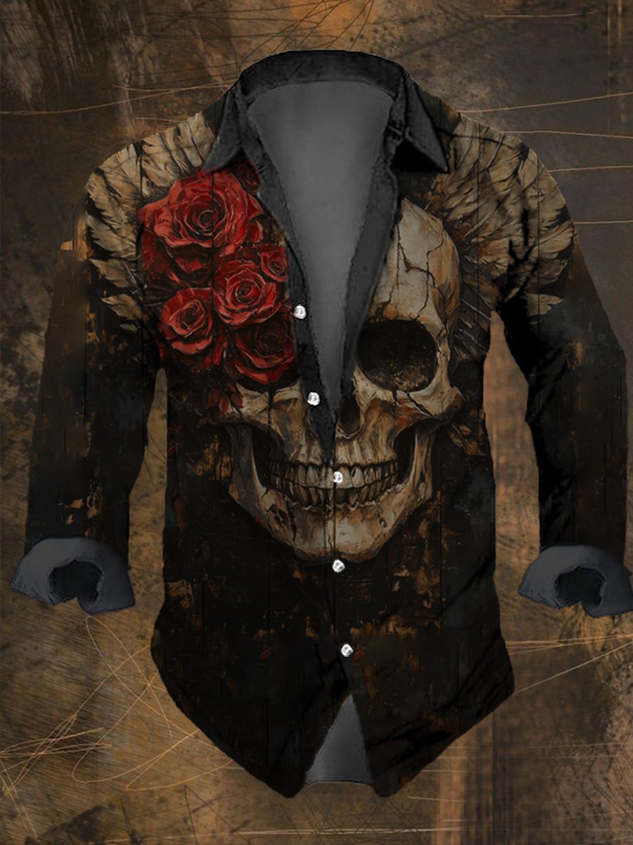 Men's Vintage Rose Skull Print Long Sleeve Shirt