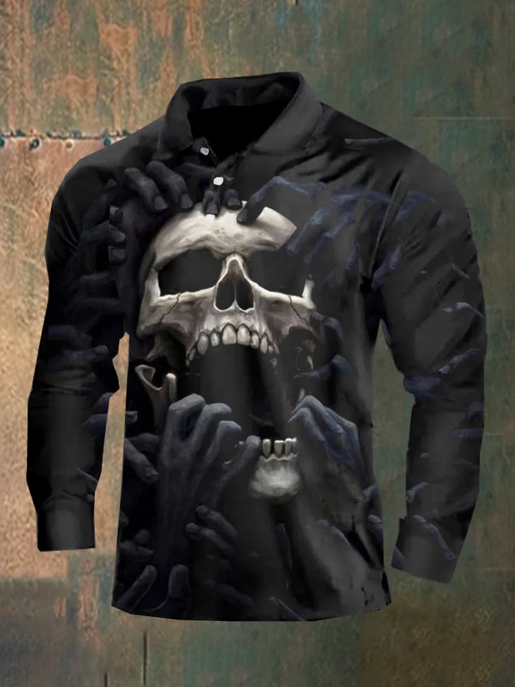 Dark style skull long sleeve polo shirt