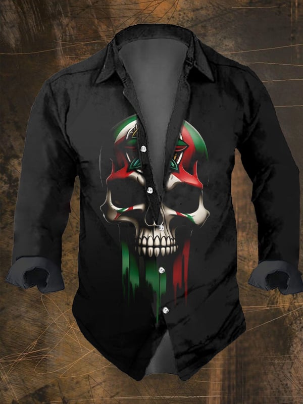 Men's Vintage Dark Skull Print Long Sleeve Shirt