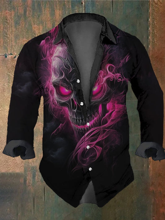 Men's Vintage Skull Misty Print Long Sleeve Shirt