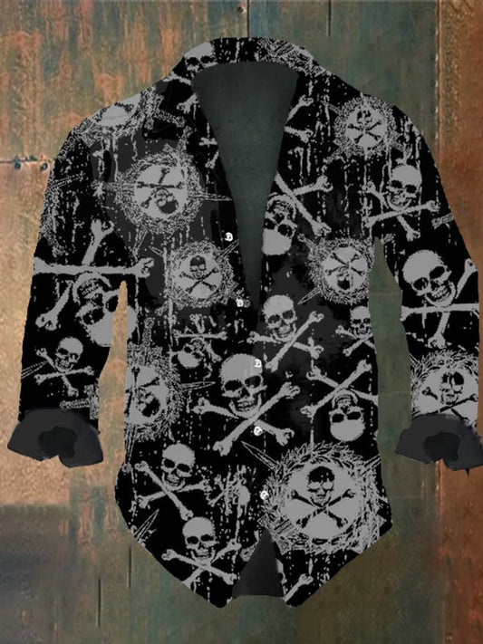 Men's Vintage Dark Skull Print Long Sleeve Shirt