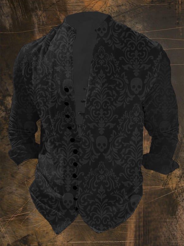 Men's Vintage Skull Print Multi-Button Shirt