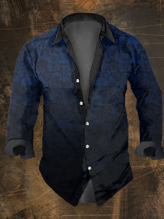 Men's Vintage Dark Skull Print Long Sleeve Shirt