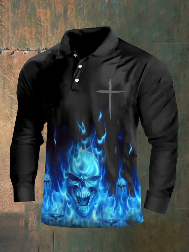 Dark style skull long sleeve polo shirt