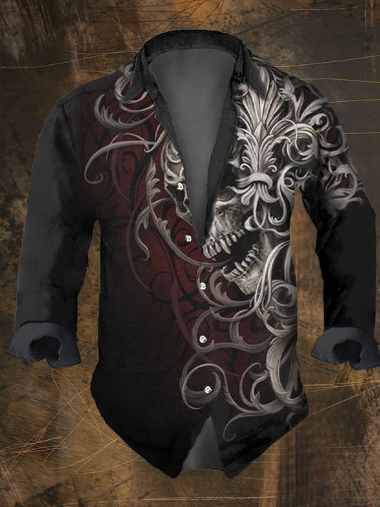 Men's Vintage Dark Skull Print Long Sleeve Shirt