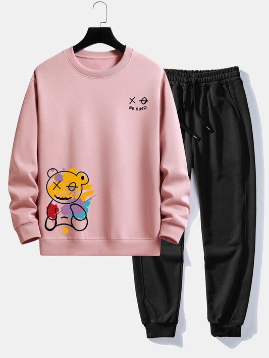 Graffiti Bear Print Relax Fit Sweatshirt & Jogging Pants