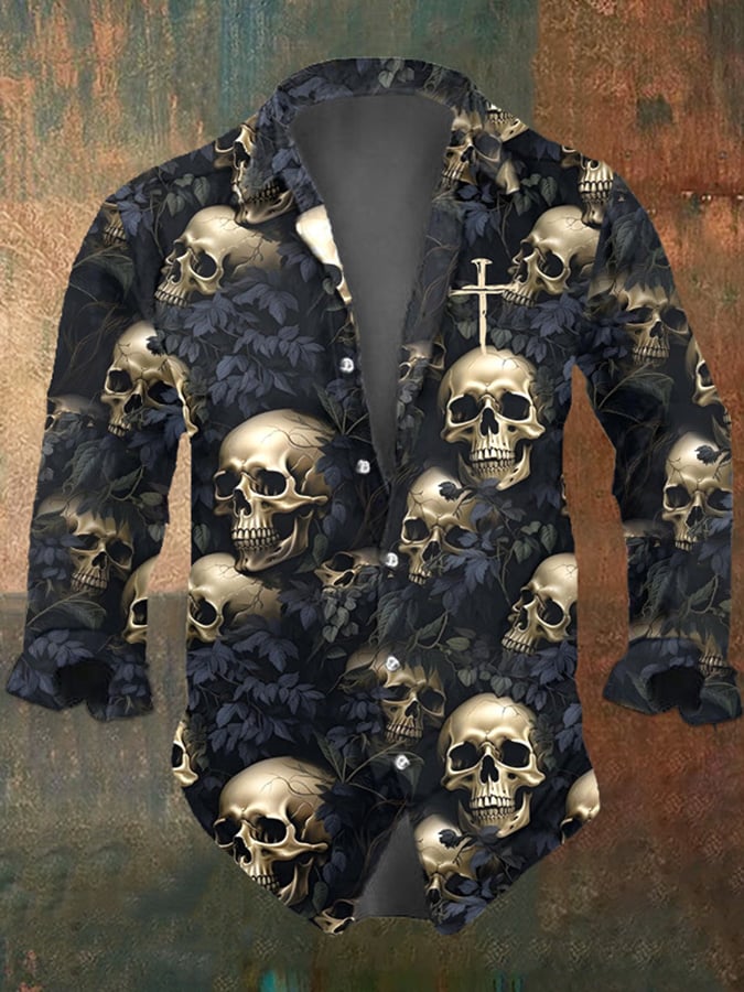 Men's Dark Skull Print Long Sleeve Shirt