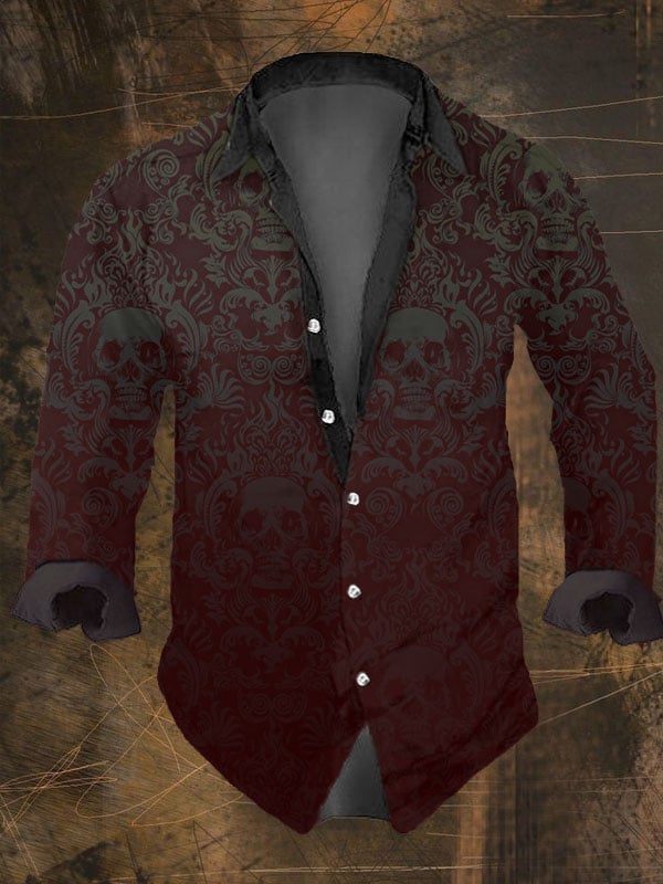 Men's Vintage Dark Skull Print Long Sleeve Shirt