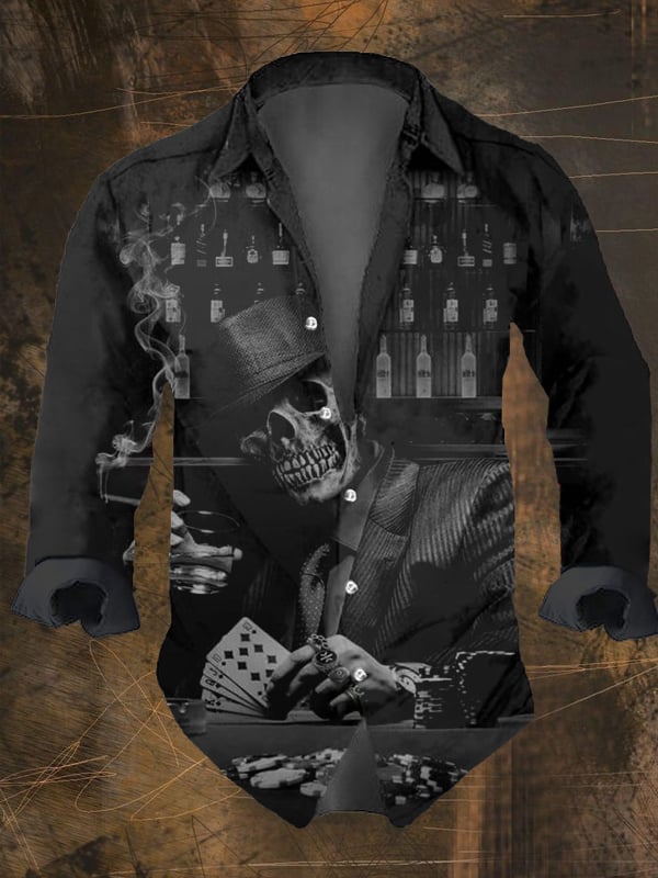 Men's Vintage Dark Skull Print Long Sleeve Shirt