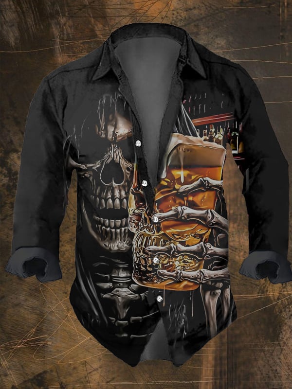 Men's Vintage Dark Skull Print Long Sleeve Shirt