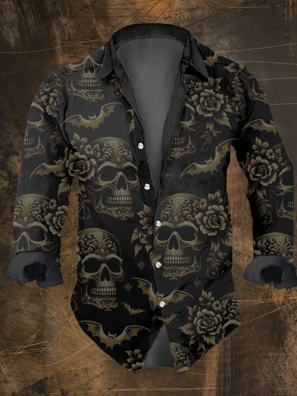 Men's Vintage Dark Skull Print Long Sleeve Shirt