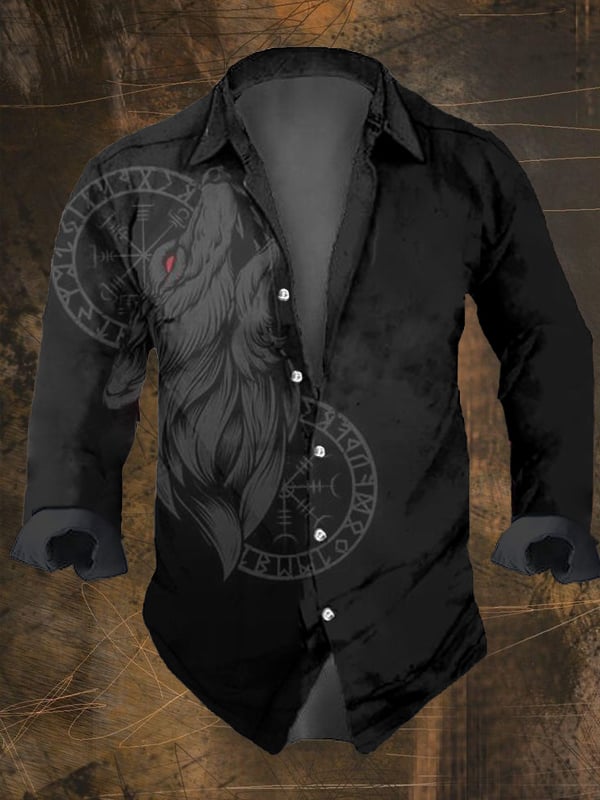 Men's Vintage Ethnic Viking Print Long Sleeve Shirt