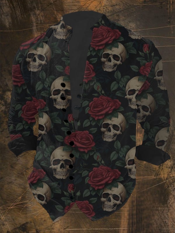 Men's Vintage Skull Print Multi-Button Shirt